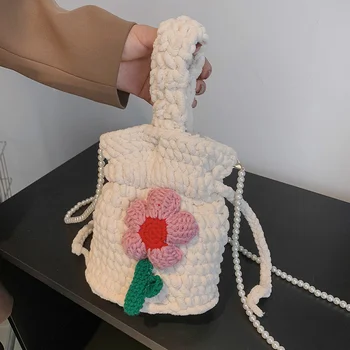 Чанта от въже, свързани на една кука, дамски чанти-кофа с перлената веригата ръчно изработени, дизайнерски плетени калъф чанта през рамо за жени, тъкани мрежи от дебела тел