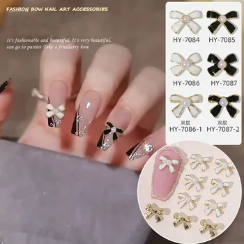 Черен/Бял лък за нокти, кристали, бижута за нокти от перлата на сплав със собствените си ръце, 3D Елегантна пеперуда, метални Детайли за маникюр