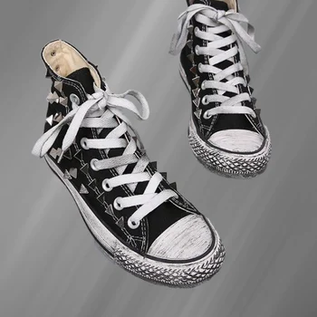 Черна парусиновая обувки с висок берцем, улични маратонки в стил хип-хоп с триъгълни нитове ръчна изработка, удобна вулканизированная обувки 35-46