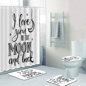 Черно, Бяло, обичам те до Луната и обратно, цитат, набор от завеси за душ за баня, романтичен подарък за Свети Валентин, постелки за баня декор за тоалетна