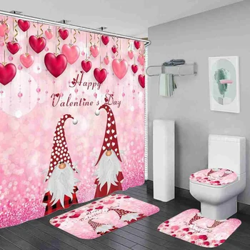Честит Свети Валентин, душ завеси, декори за баня, розово, червено сърце, романтична комплекти за баня